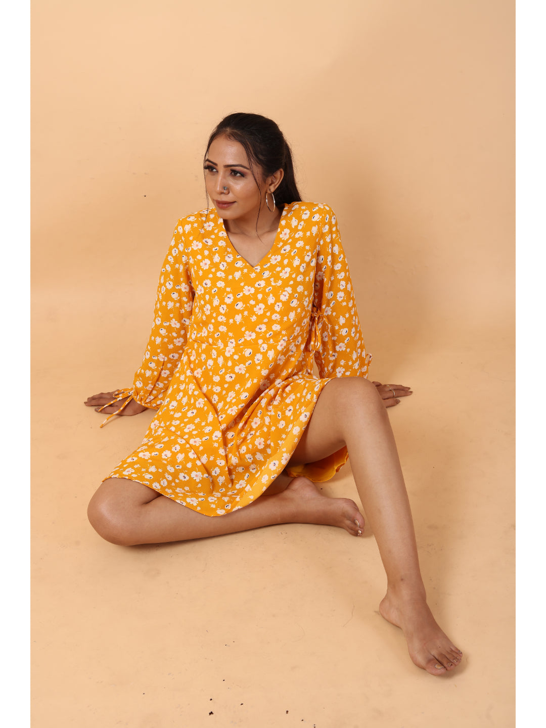 RY Wrap Yellow Floral printed V-neck mini dress for Casual/gift for her