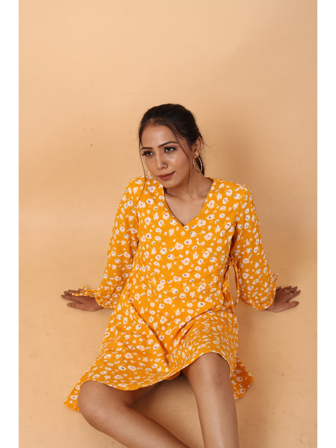 RY Wrap Yellow Floral printed V-neck mini dress for Casual/gift for her