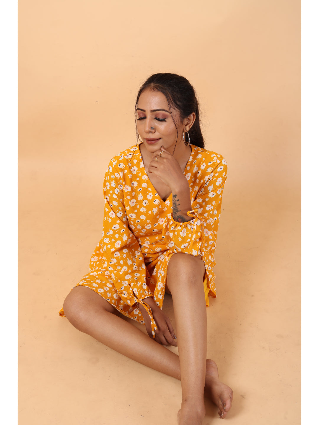 RY Wrap Yellow Floral printed V-neck mini dress for Casual/gift for her