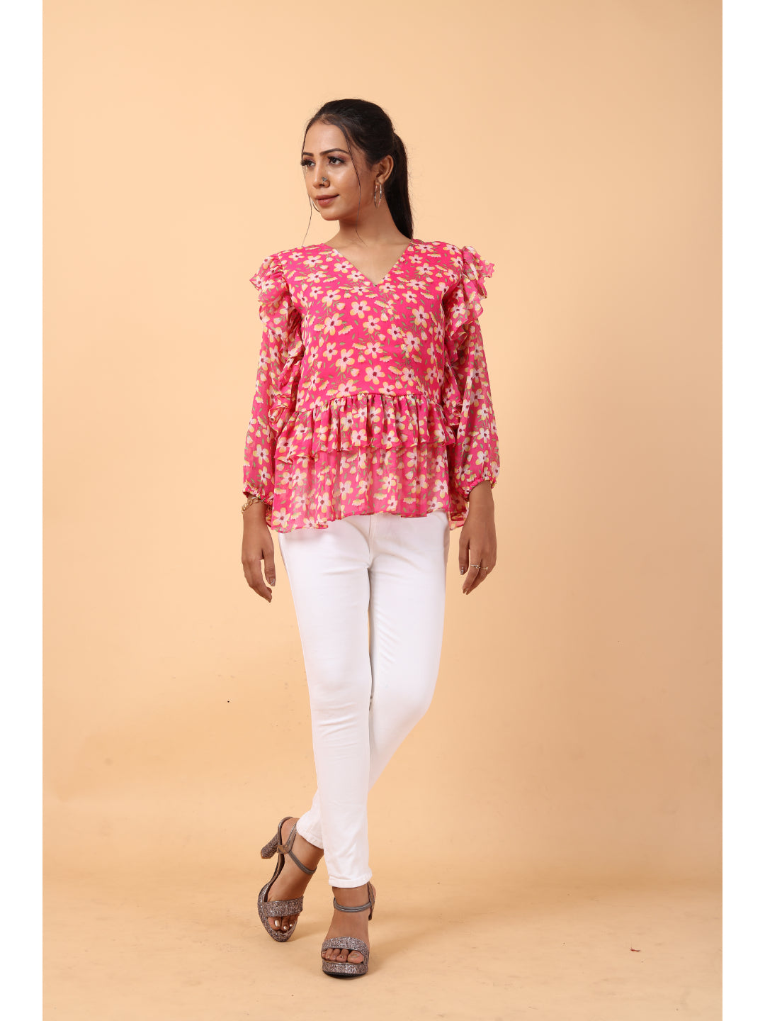 RY Pink Long Sleeve Floral Printed Top for Office Wear/gift for her