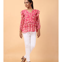 RY Pink Long Sleeve Floral Printed Top for Office Wear/gift for her
