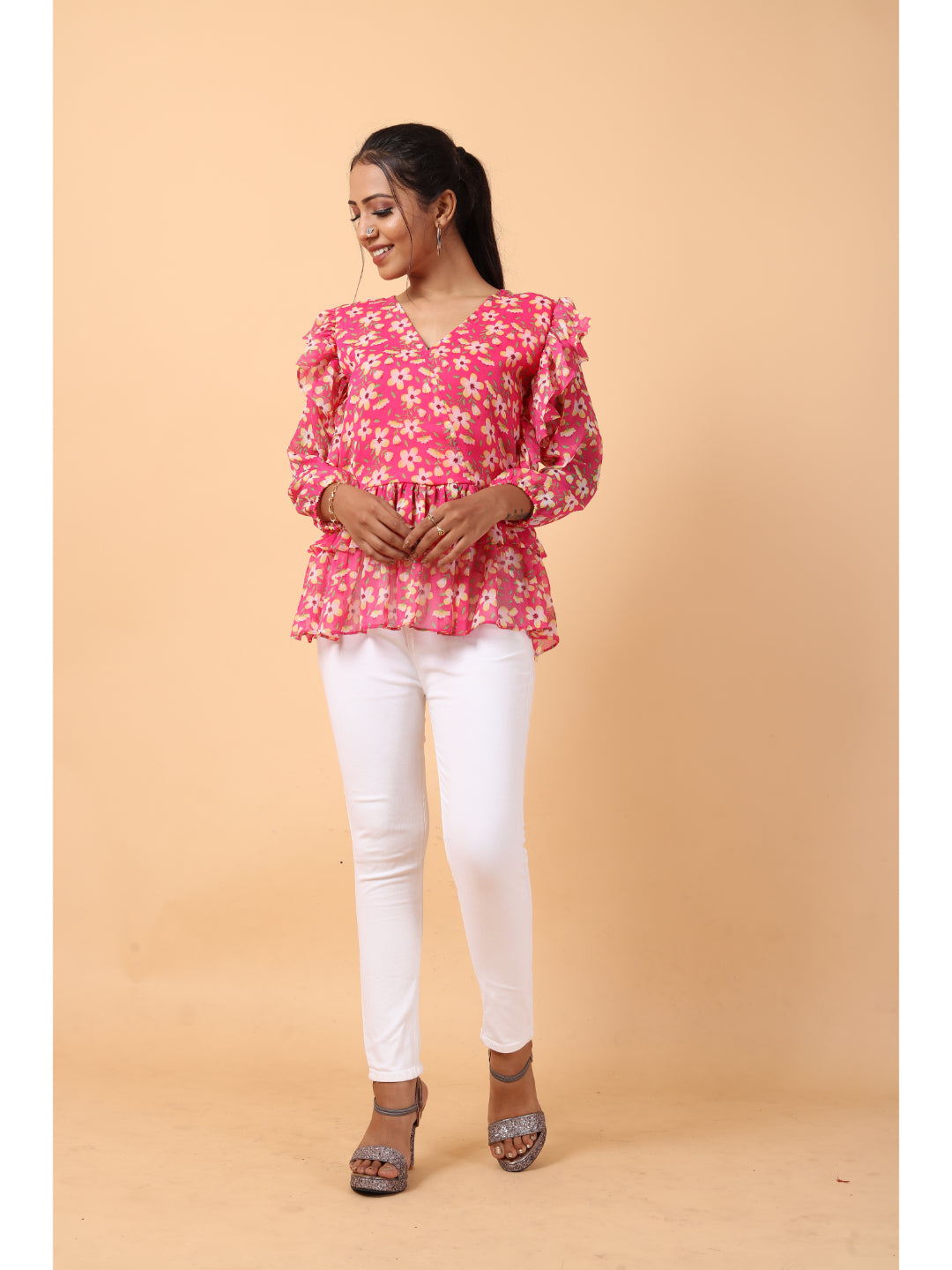 RY Pink Long Sleeve Floral Printed Top for Office Wear/gift for her