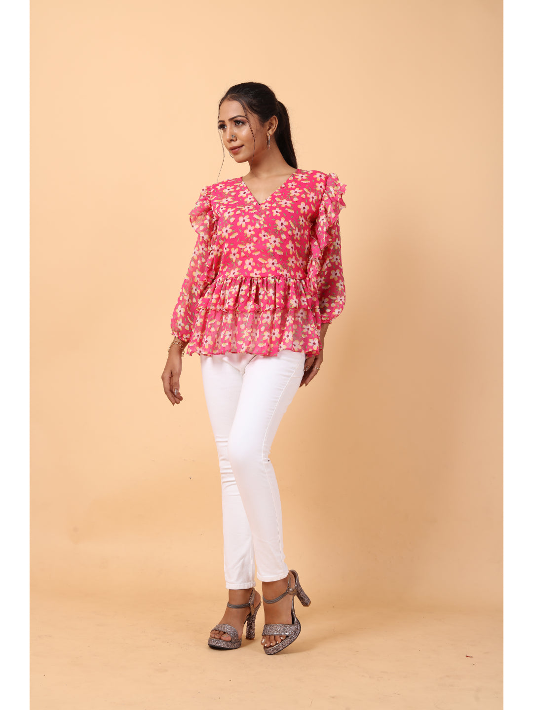 RY Pink Long Sleeve Floral Printed Top for Office Wear/gift for her