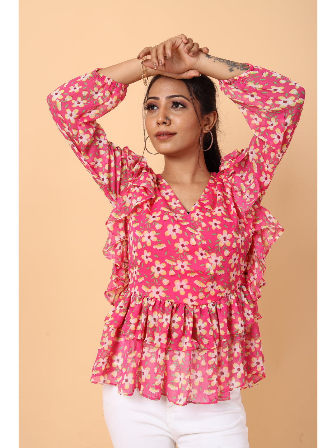 RY Pink Long Sleeve Floral Printed Top for Office Wear/gift for her