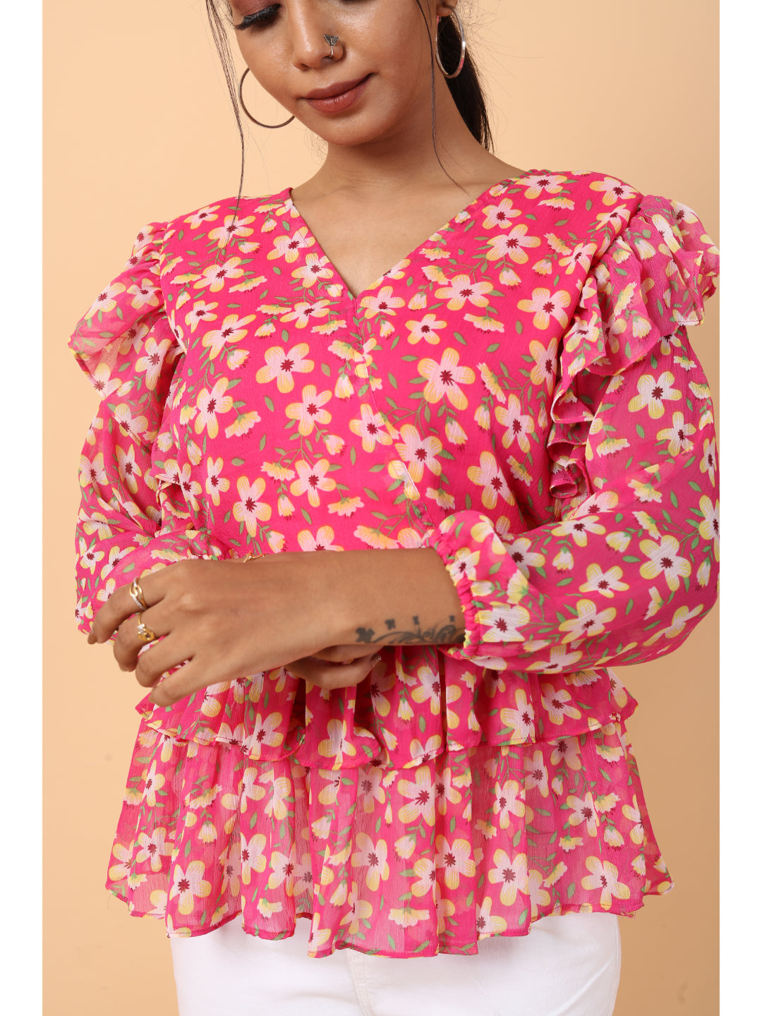 RY Pink Long Sleeve Floral Printed Top for Office Wear/gift for her
