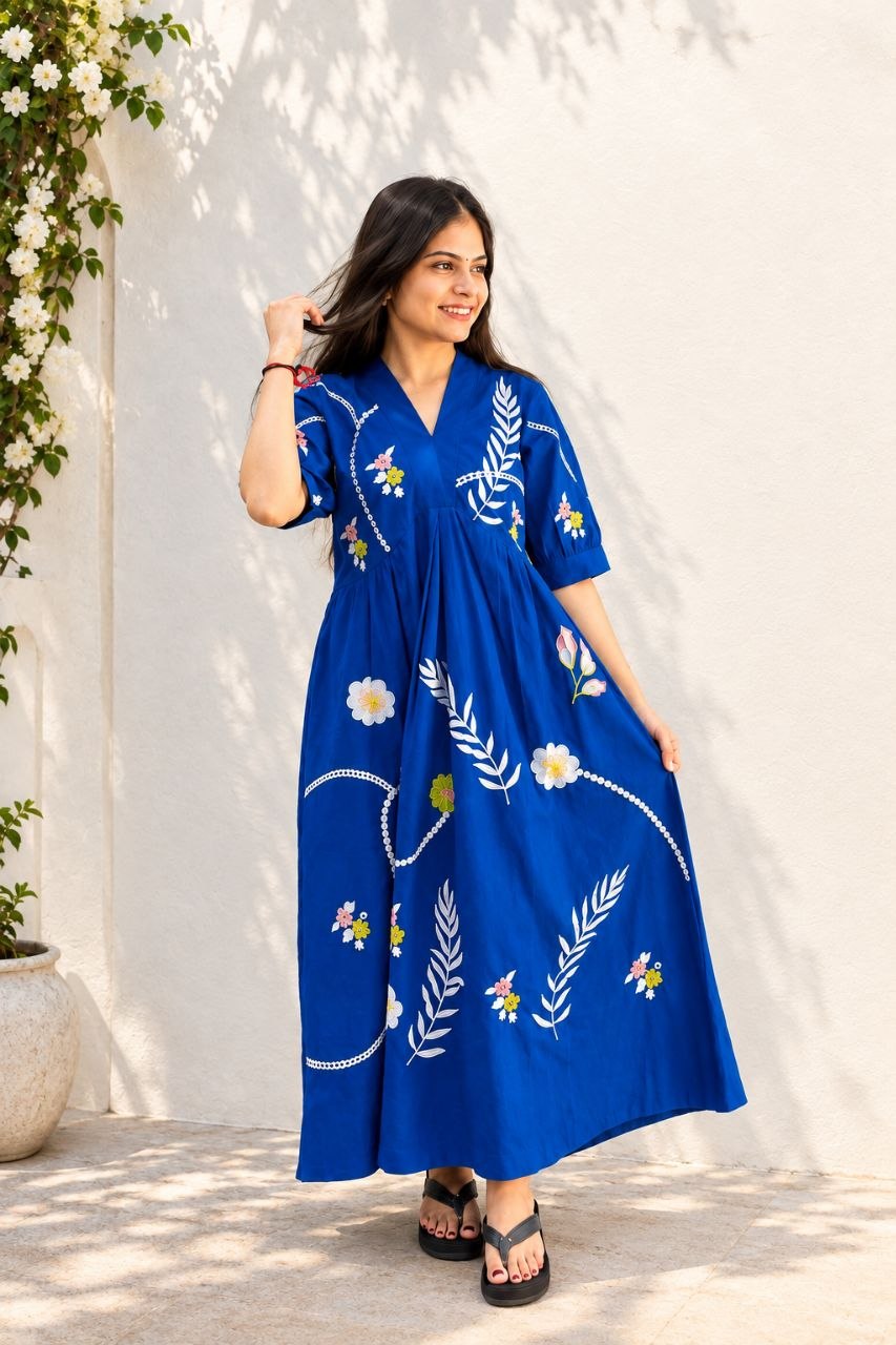 RY Closet Royal Blue V-neck Embroidered designed Maxi Dress,  khadi cotton for comfort and everyday style. beautiful floral, leaf and vine embroidery fresh and feminine look.