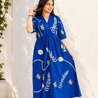 RY Closet Royal Blue V-neck Embroidered designed Maxi Dress,  khadi cotton for comfort and everyday style. beautiful floral, leaf and vine embroidery fresh and feminine look.