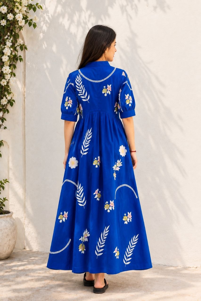 RY Closet Royal Blue V-neck Embroidered designed Maxi Dress,  khadi cotton for comfort and everyday style. beautiful floral, leaf and vine embroidery fresh and feminine look.