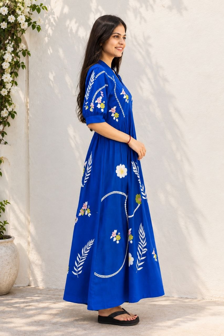 RY Closet Royal Blue V-neck Embroidered designed Maxi Dress,  khadi cotton for comfort and everyday style. beautiful floral, leaf and vine embroidery fresh and feminine look.
