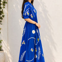 RY Closet Royal Blue V-neck Embroidered designed Maxi Dress,  khadi cotton for comfort and everyday style. beautiful floral, leaf and vine embroidery fresh and feminine look.