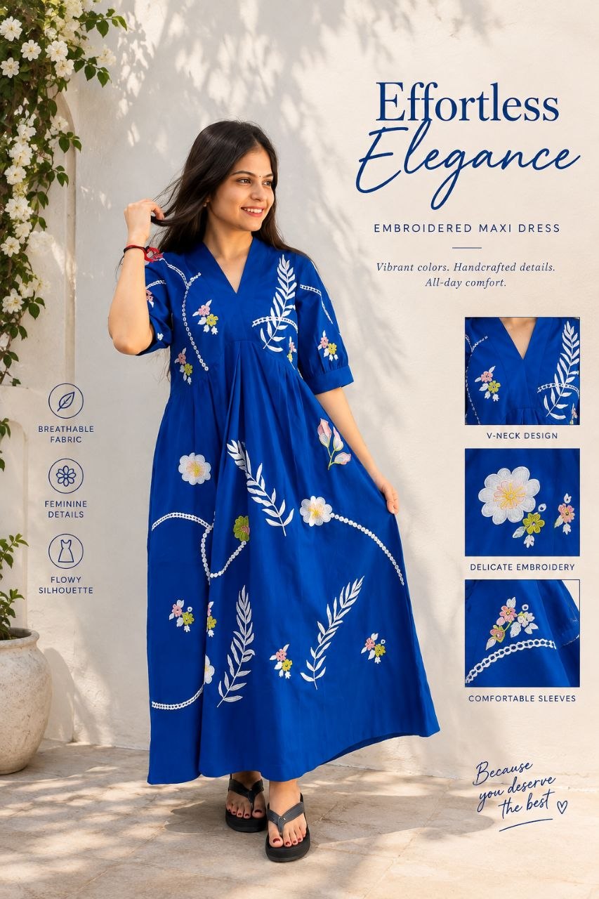 RY Closet Royal Blue V-neck Embroidered designed Maxi Dress,  khadi cotton for comfort and everyday style. beautiful floral, leaf and vine embroidery fresh and feminine look.