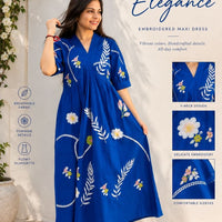 RY Closet Royal Blue V-neck Embroidered designed Maxi Dress,  khadi cotton for comfort and everyday style. beautiful floral, leaf and vine embroidery fresh and feminine look.