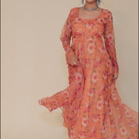 RY Orange Floral Printed Organza Umbrella Gown for Special Day /Gift For Birthday
