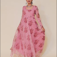 RY Pink Floral Printed Organza Umbrella Gown for Special Day /Gift For Birthday