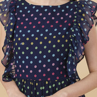 RY Nevy Blue Polka Dot Printed Maxi Dress for Casual /Gift For Birthday