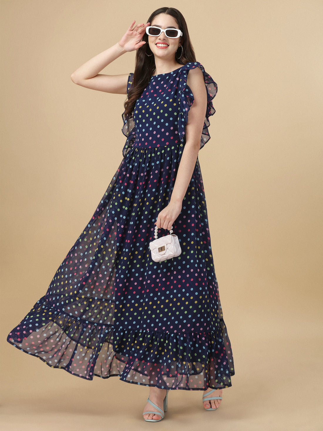 RY Nevy Blue Polka Dot Printed Maxi Dress for Casual /Gift For Birthday