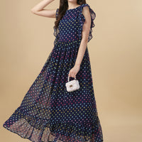 RY Nevy Blue Polka Dot Printed Maxi Dress for Casual /Gift For Birthday