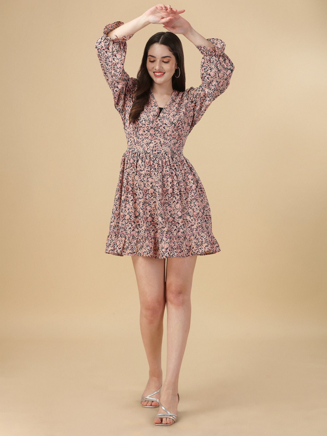 RY Blush And Black Smoked Deep V-Neck Mini Dress for Casual /Gift For Birthday