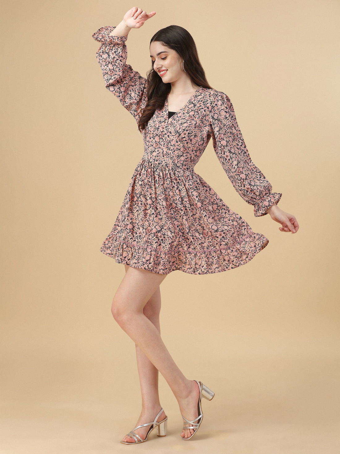RY Blush And Black Smoked Deep V-Neck Mini Dress for Casual /Gift For Birthday