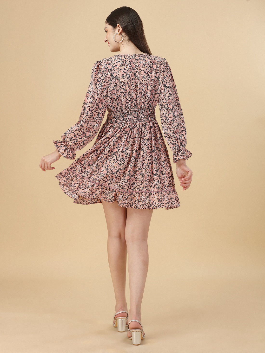 RY Blush And Black Smoked Deep V-Neck Mini Dress for Casual /Gift For Birthday
