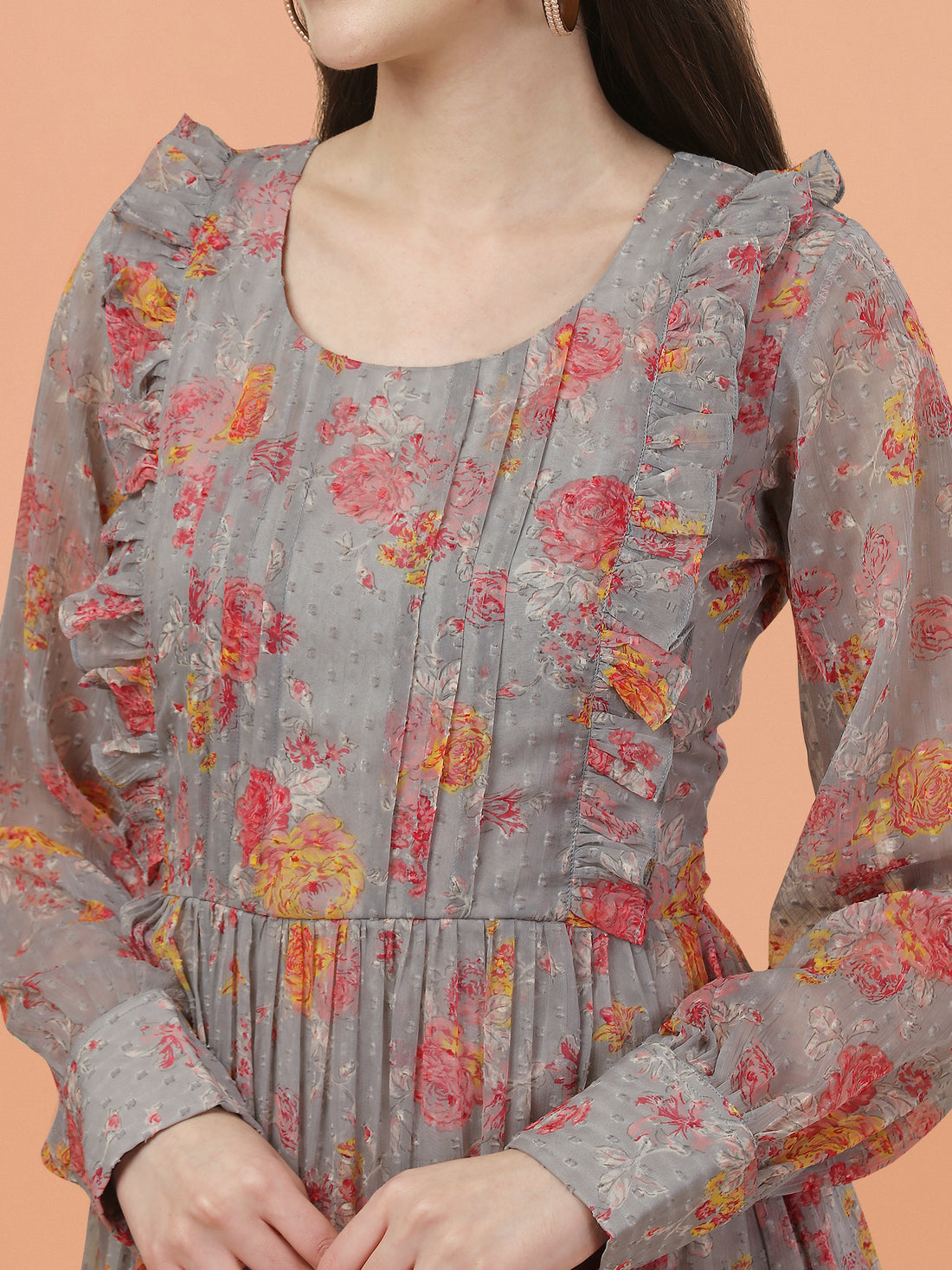 RY Grey Freel Floral Printed Maxi Dress for Casual /Gift For Birthday