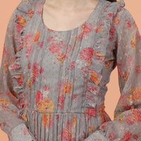 RY Grey Freel Floral Printed Maxi Dress for Casual /Gift For Birthday