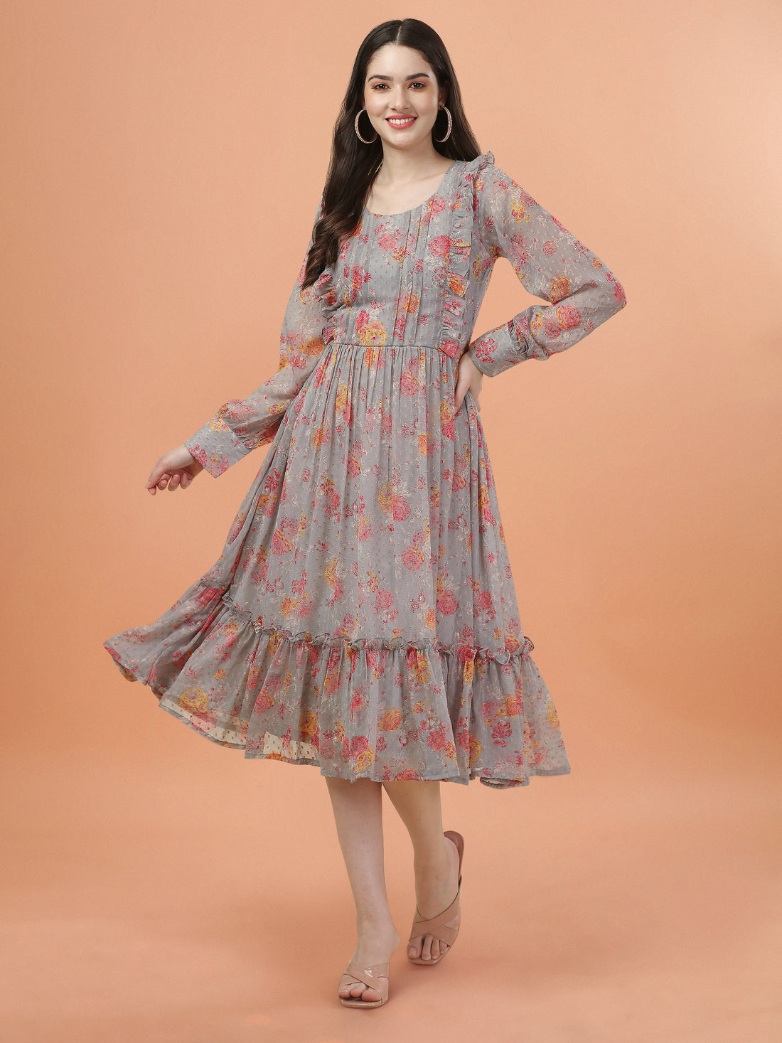 RY Grey Freel Floral Printed Maxi Dress for Casual /Gift For Birthday