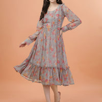 RY Grey Freel Floral Printed Maxi Dress for Casual /Gift For Birthday