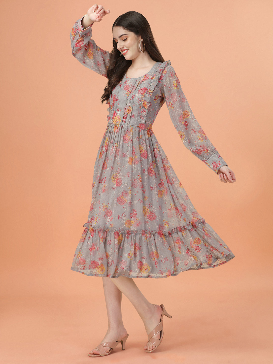 RY Grey Freel Floral Printed Maxi Dress for Casual /Gift For Birthday