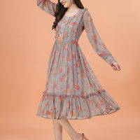 RY Grey Freel Floral Printed Maxi Dress for Casual /Gift For Birthday
