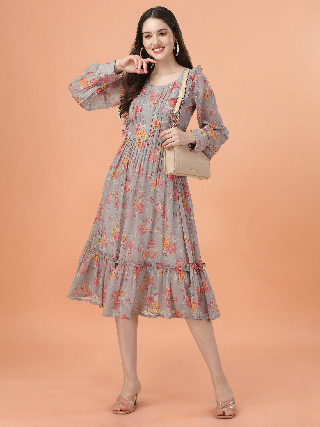 RY Grey Freel Floral Printed Maxi Dress for Casual /Gift For Birthday