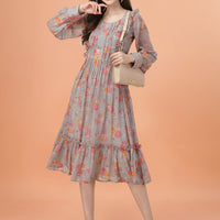 RY Grey Freel Floral Printed Maxi Dress for Casual /Gift For Birthday