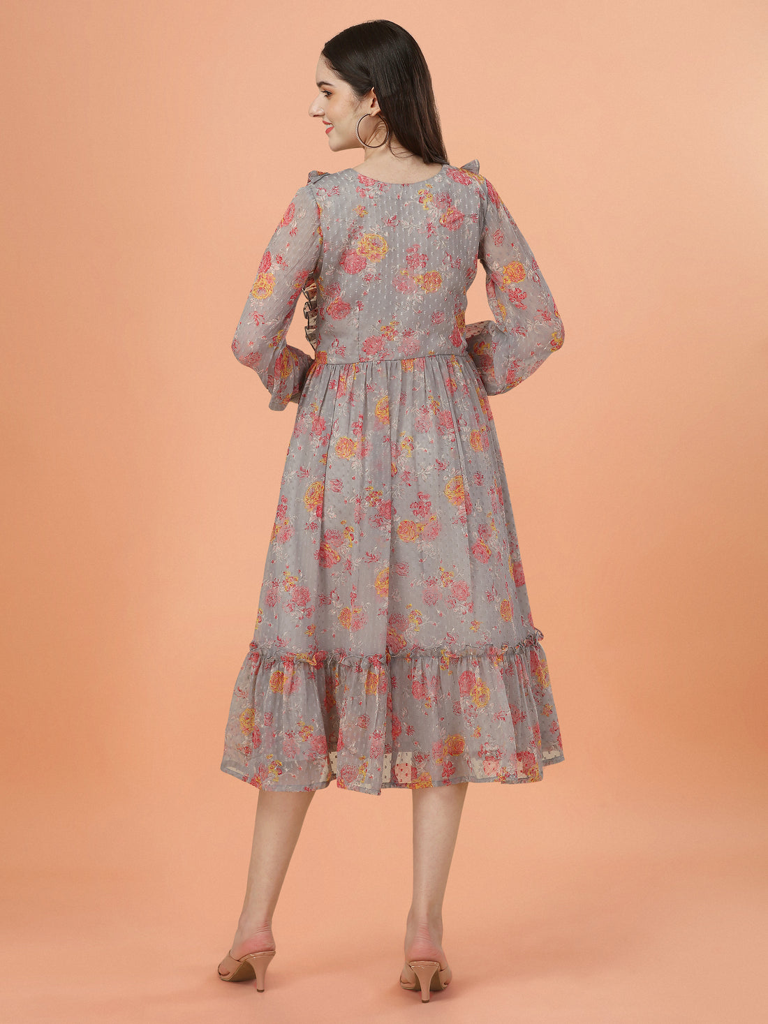 RY Grey Freel Floral Printed Maxi Dress for Casual /Gift For Birthday