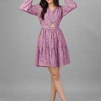 RY Purple Cut out Printed Mini Dress for Partywear /Gift For Birthday