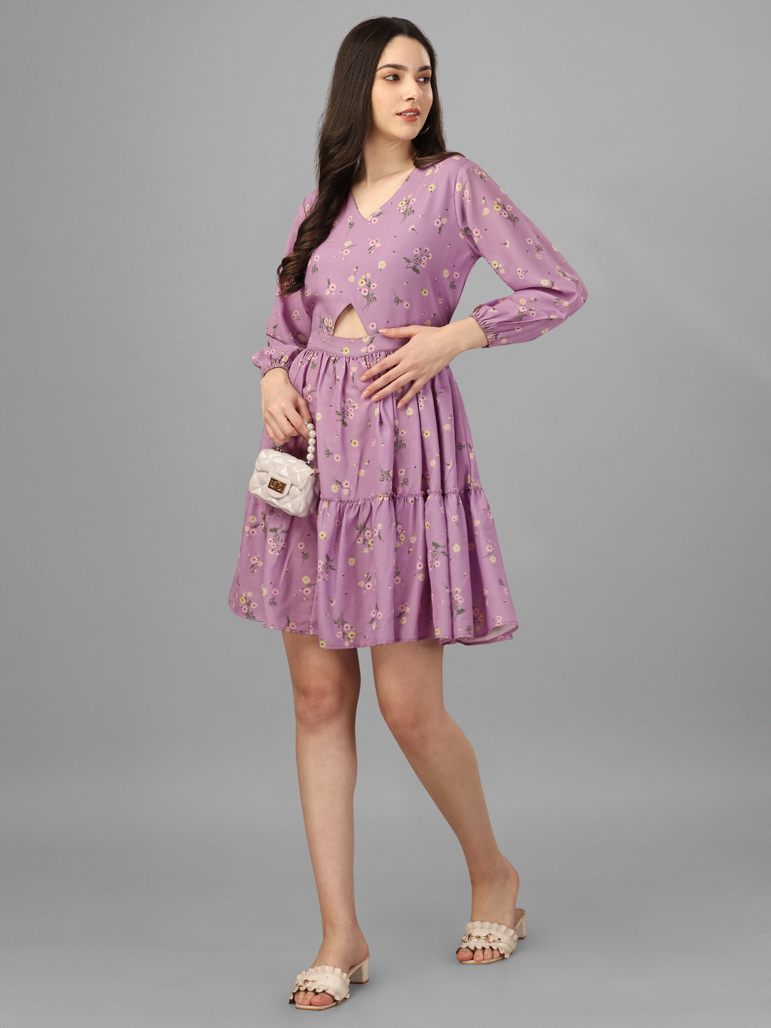 RY Purple Cut out Printed Mini Dress for Partywear /Gift For Birthday