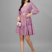 RY Purple Cut out Printed Mini Dress for Partywear /Gift For Birthday