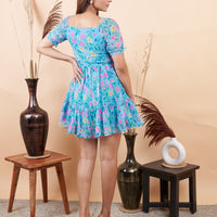 RY Sky Floral Printed Simple Mini Dress  for Casual /Gift For Her