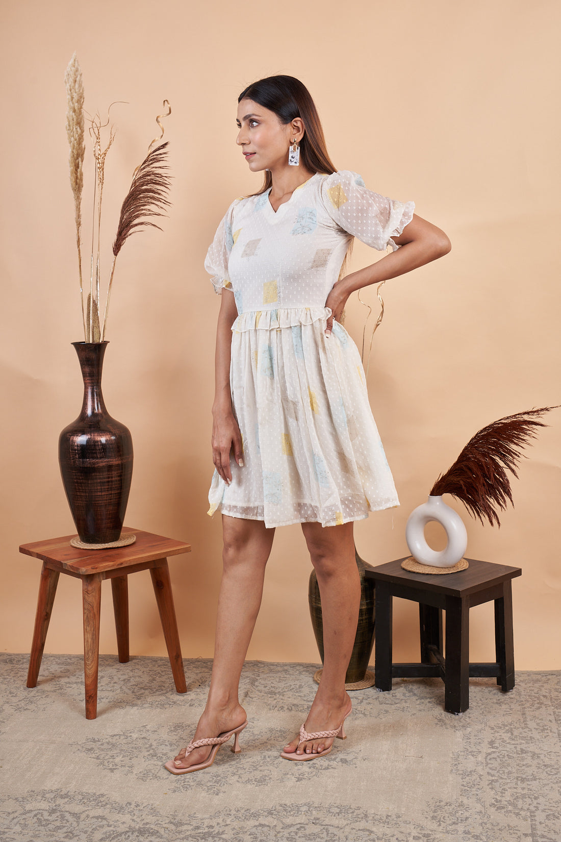 RY White Butti Block Printed Mini Dress for Casual /Gift For Her