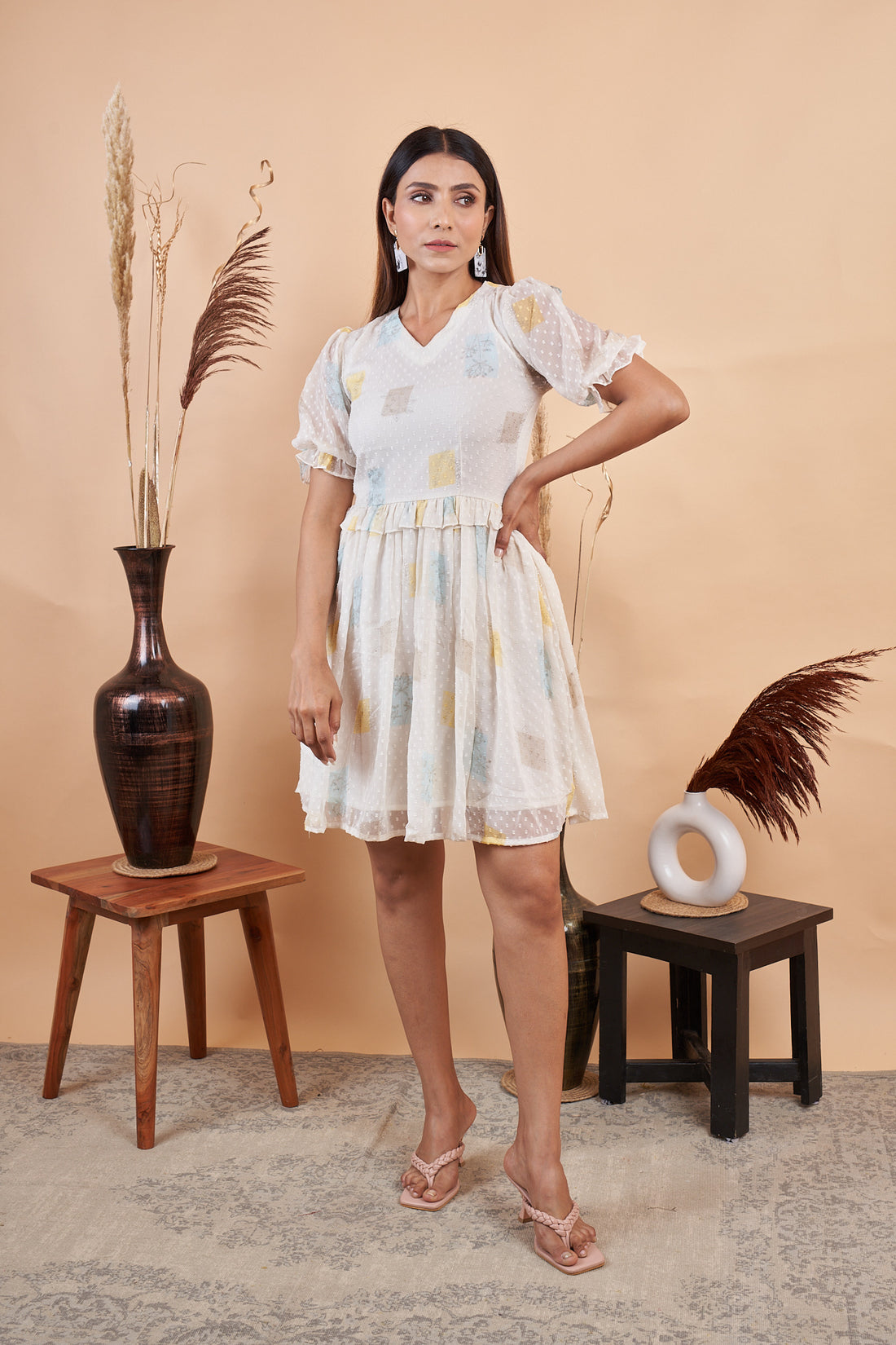 RY White Butti Block Printed Mini Dress for Casual /Gift For Her