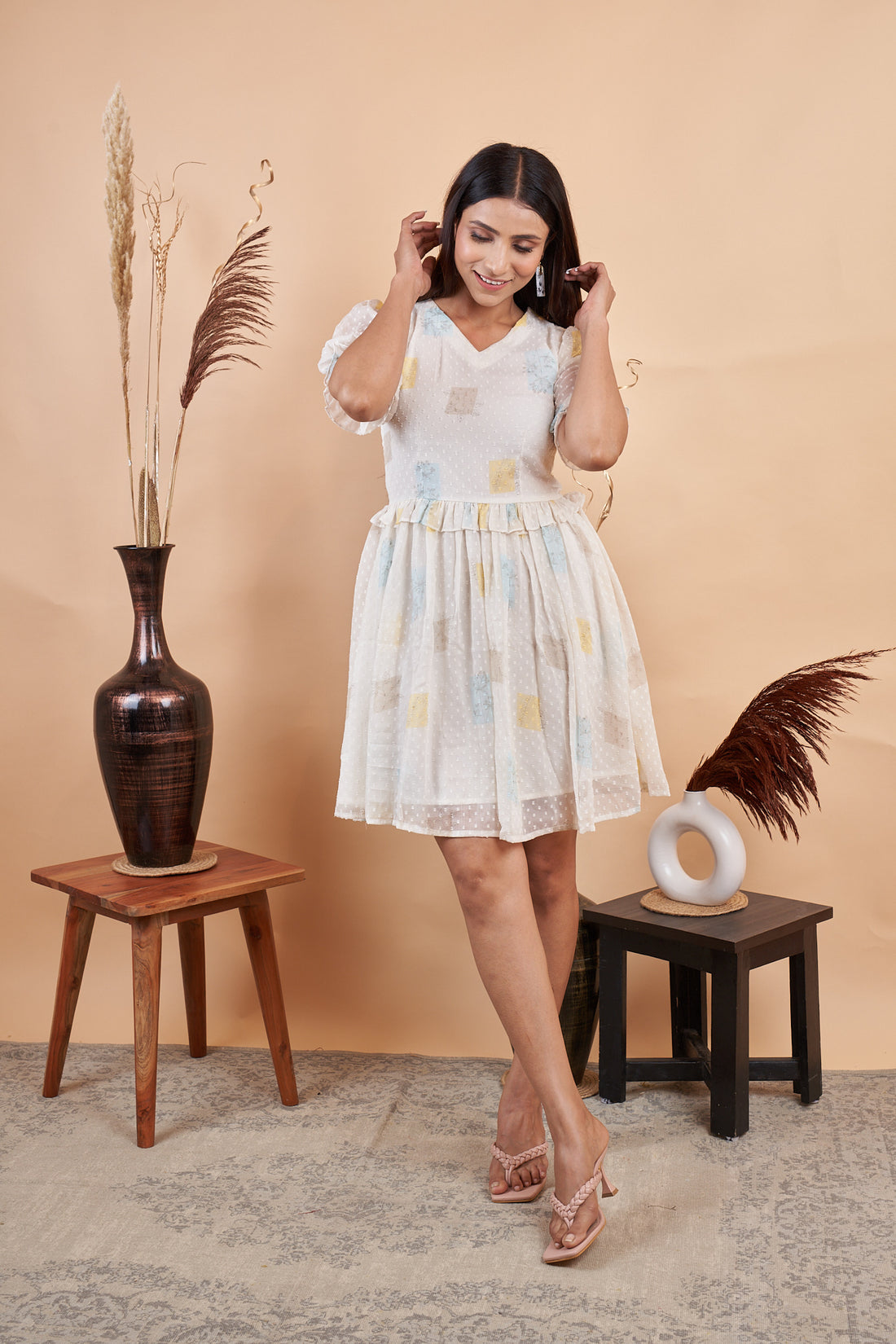 RY White Butti Block Printed Mini Dress for Casual /Gift For Her