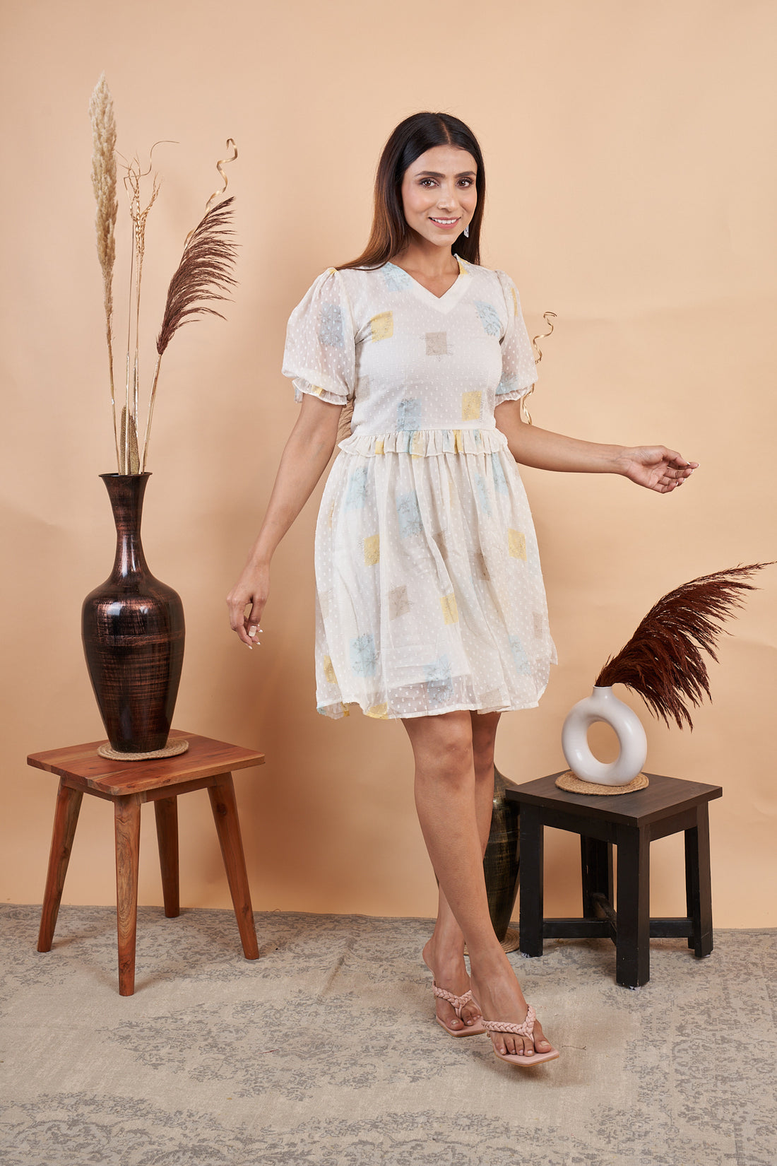RY White Butti Block Printed Mini Dress for Casual /Gift For Her
