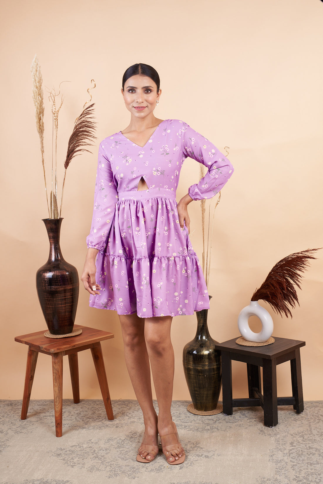 RY Purple Cut out Printed Mini Dress for Partywear /Gift For Birthday