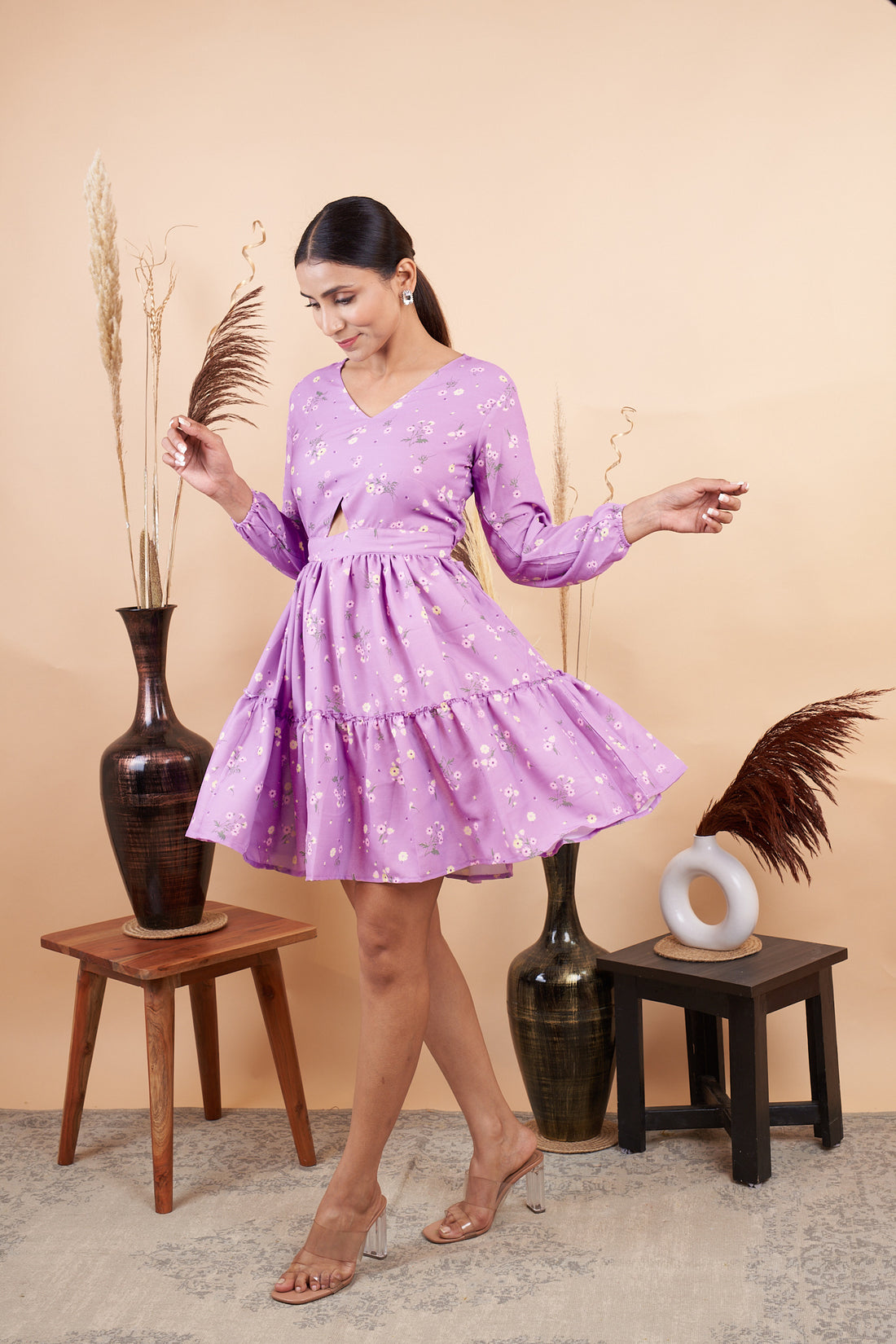 RY Purple Cut out Printed Mini Dress for Partywear /Gift For Birthday