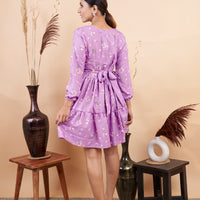 RY Purple Cut out Printed Mini Dress for Partywear /Gift For Birthday