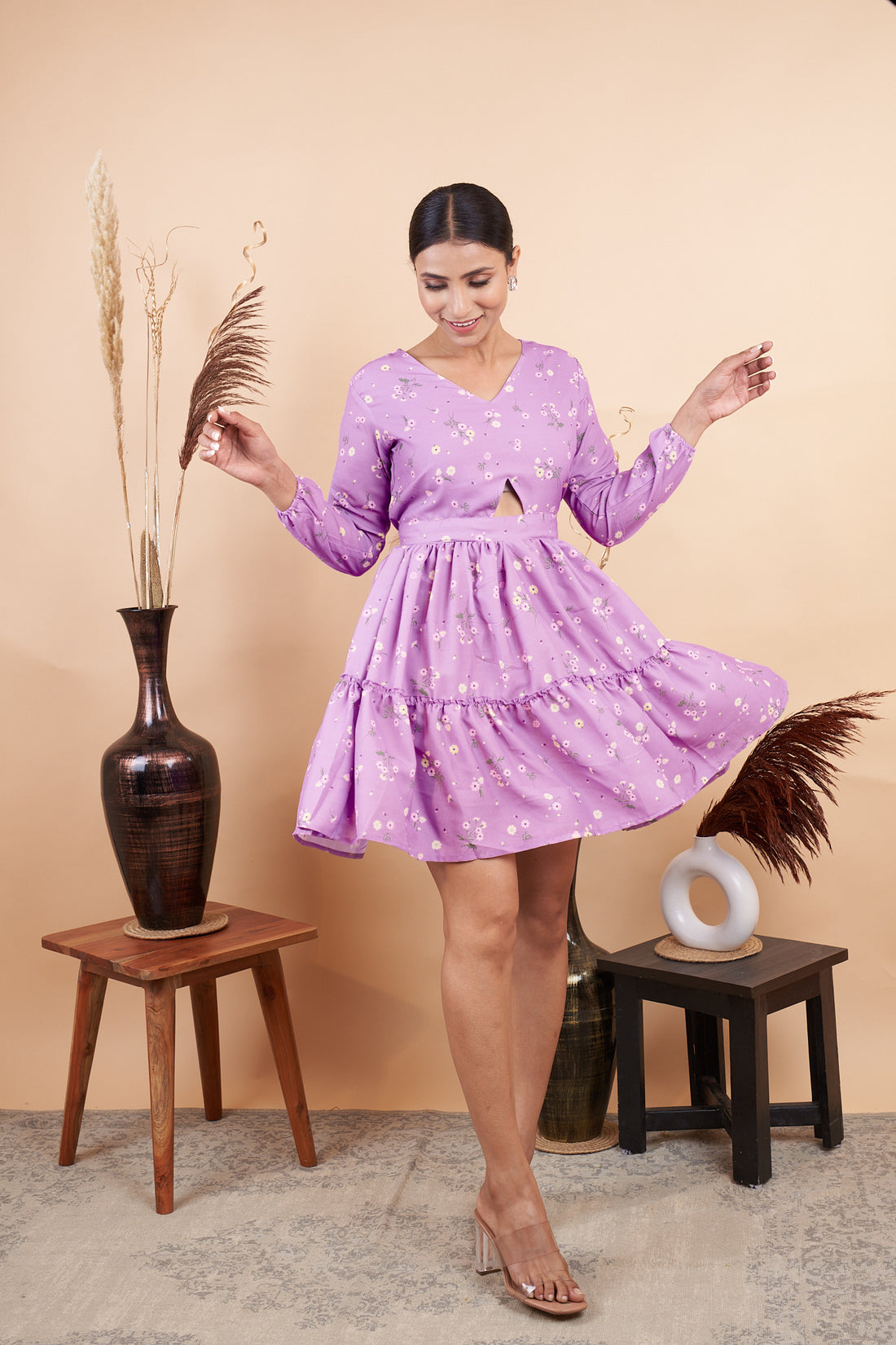 RY Purple Cut out Printed Mini Dress for Partywear /Gift For Birthday