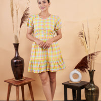 RY Yellow Chex Printed Mini Dress  for Casual /Gift For Her
