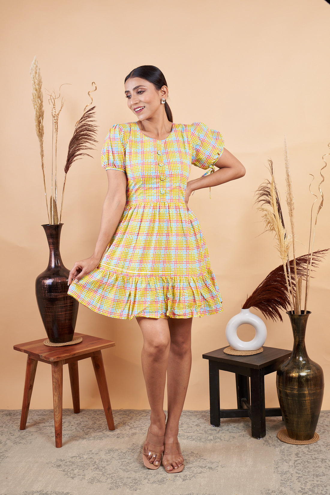 RY Yellow Chex Printed Mini Dress  for Casual /Gift For Her