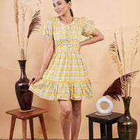 RY Yellow Chex Printed Mini Dress  for Casual /Gift For Her