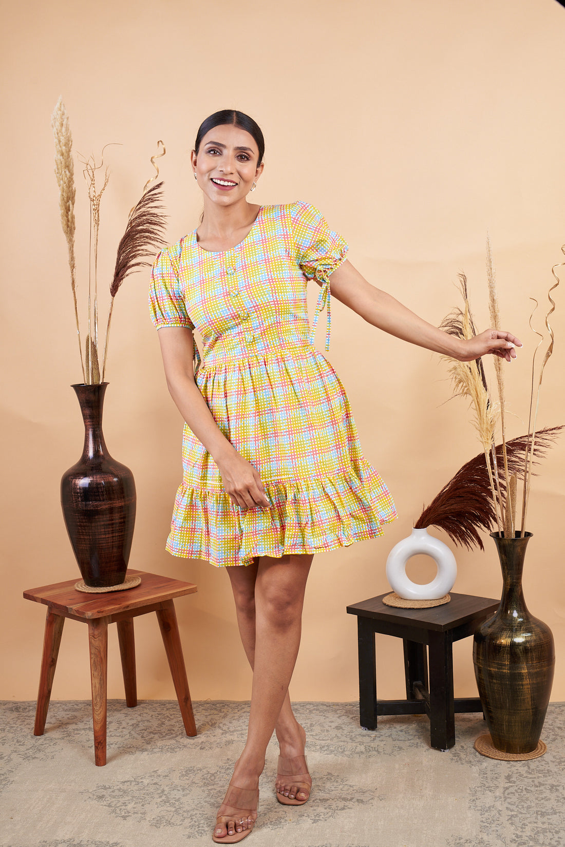 RY Yellow Chex Printed Mini Dress  for Casual /Gift For Her
