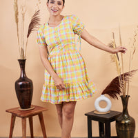 RY Yellow Chex Printed Mini Dress  for Casual /Gift For Her